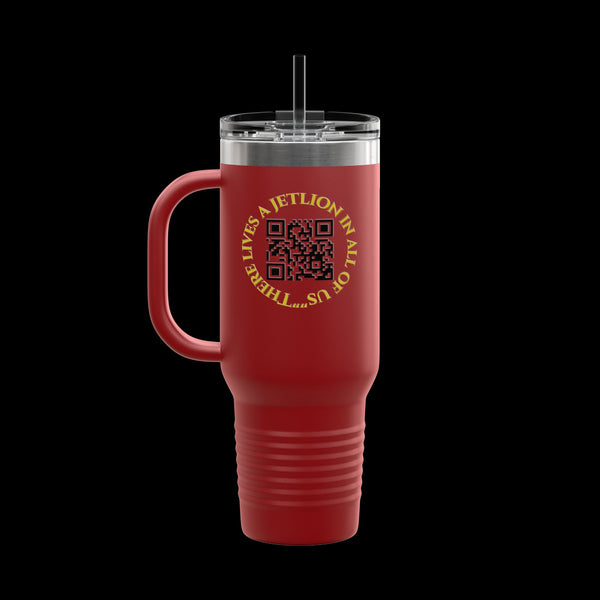 Letmebe University Collection, Insulated Mug, 40oz Travel Cup, JetLion Quote QR Code Design, Quiet Legends