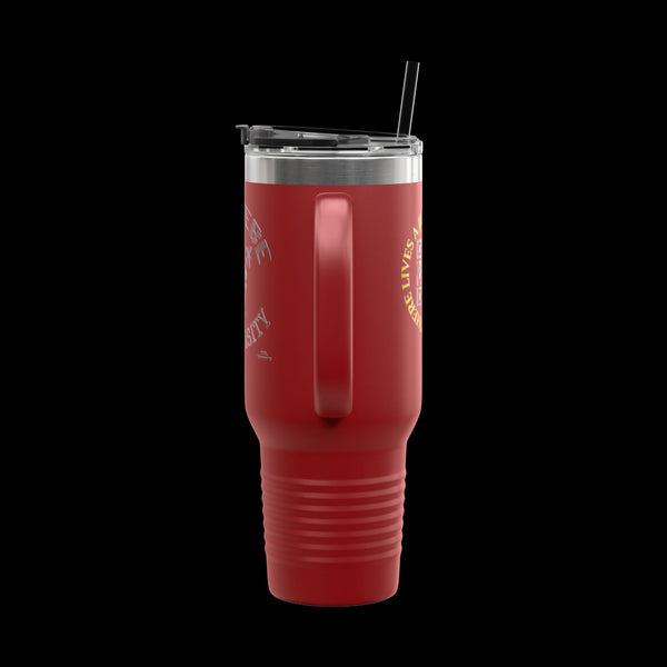 Letmebe University Collection, Insulated Mug, 40oz Travel Cup, JetLion Quote QR Code Design, Quiet Legends