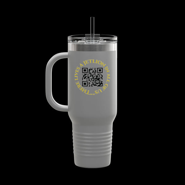 Letmebe University Collection, Insulated Mug, 40oz Travel Cup, JetLion Quote QR Code Design, Quiet Legends