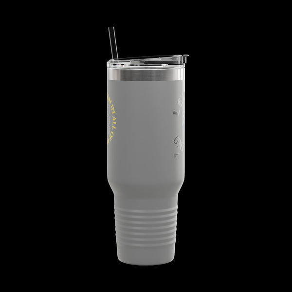 Letmebe University Collection, Insulated Mug, 40oz Travel Cup, JetLion Quote QR Code Design, Quiet Legends