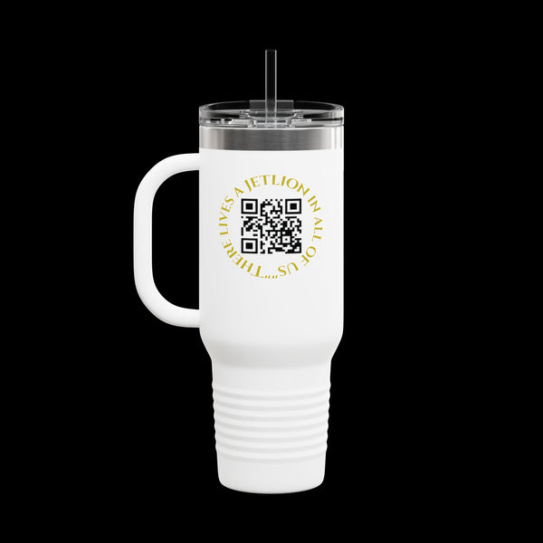 Letmebe University Collection, Insulated Mug, 40oz Travel Cup, JetLion Quote QR Code Design, Quiet Legends