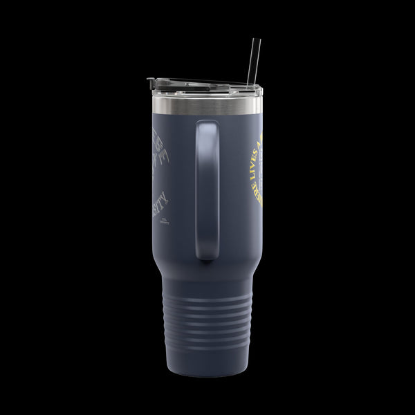 Letmebe University Collection, Insulated Mug, 40oz Travel Cup, JetLion Quote QR Code Design, Quiet Legends