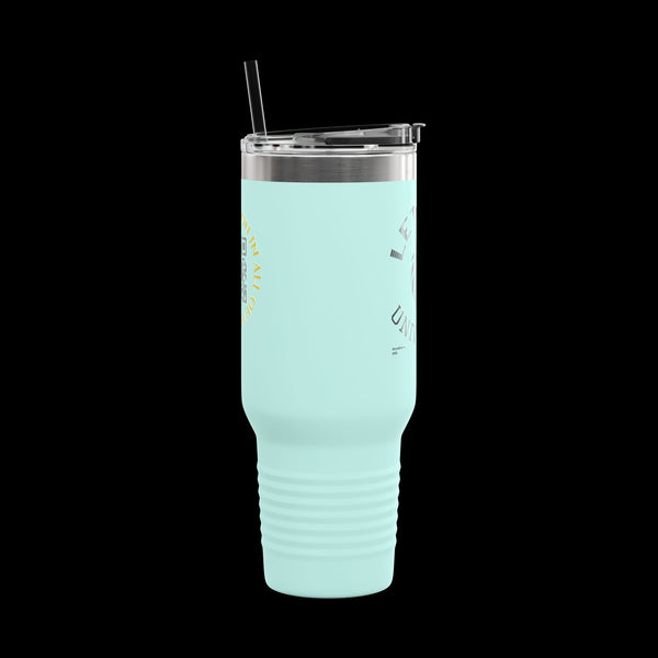 Letmebe University Collection, Insulated Mug, 40oz Travel Cup, JetLion Quote QR Code Design, Quiet Legends