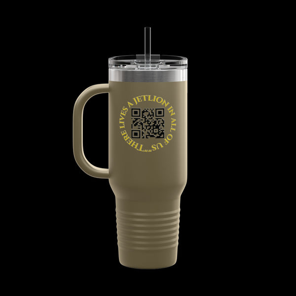 Letmebe University Collection, Insulated Mug, 40oz Travel Cup, JetLion Quote QR Code Design, Quiet Legends
