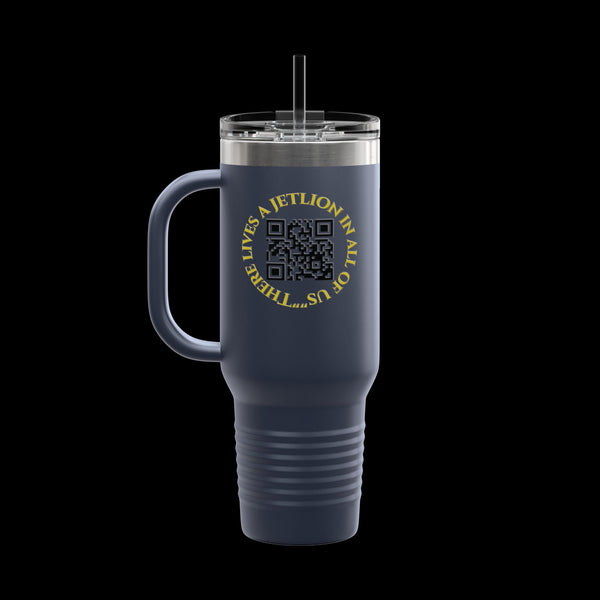 Letmebe University Collection, Insulated Mug, 40oz Travel Cup, JetLion Quote QR Code Design, Quiet Legends