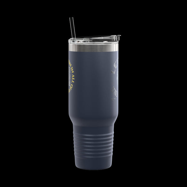Letmebe University Collection, Insulated Mug, 40oz Travel Cup, JetLion Quote QR Code Design, Quiet Legends
