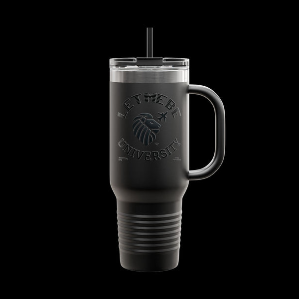 Letmebe University Collection, Insulated Mug, 40oz Travel Cup, JetLion Quote QR Code Design, Quiet Legends