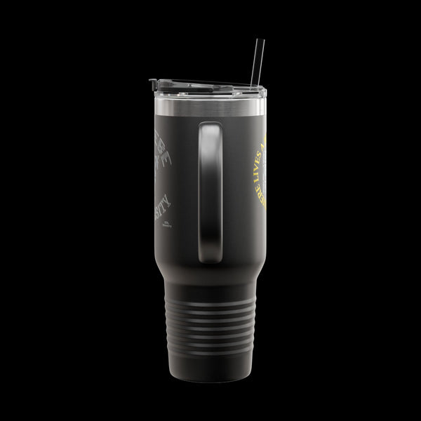 Letmebe University Collection, Insulated Mug, 40oz Travel Cup, JetLion Quote QR Code Design, Quiet Legends