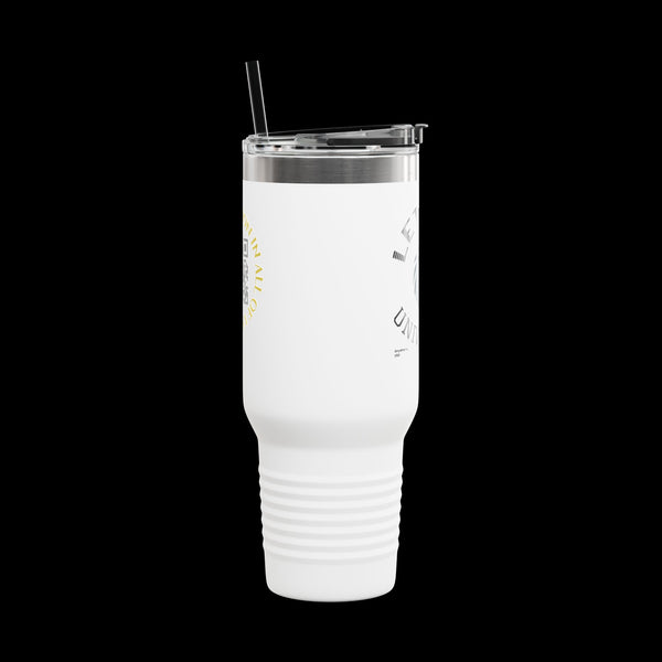 Letmebe University Collection, Insulated Mug, 40oz Travel Cup, JetLion Quote QR Code Design, Quiet Legends