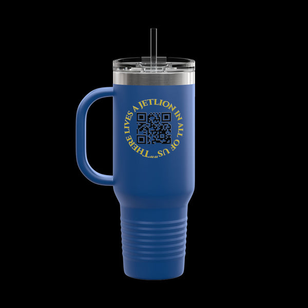 Letmebe University Collection, Insulated Mug, 40oz Travel Cup, JetLion Quote QR Code Design, Quiet Legends