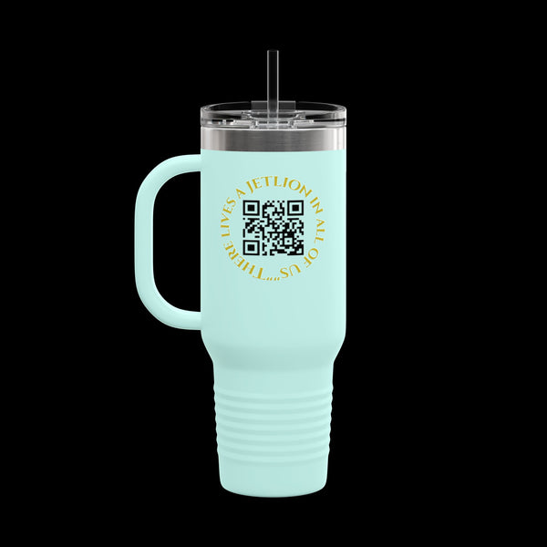 Letmebe University Collection, Insulated Mug, 40oz Travel Cup, JetLion Quote QR Code Design, Quiet Legends