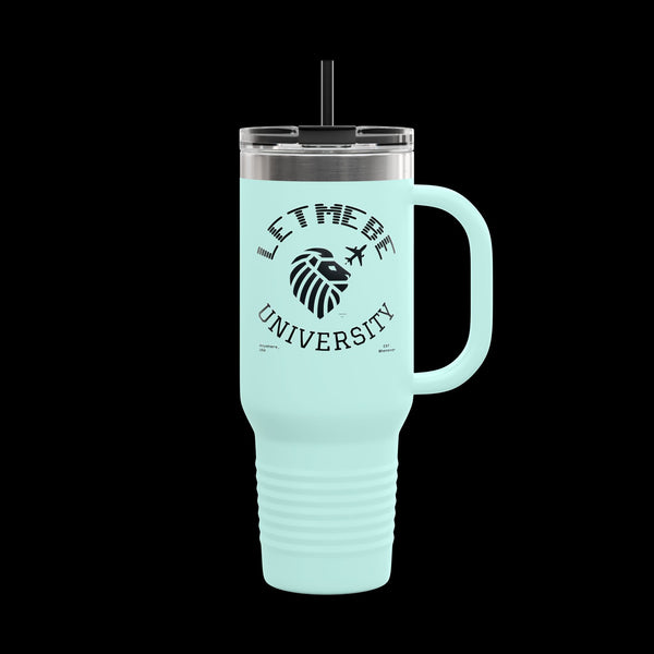 Letmebe University Collection, Insulated Mug, 40oz Travel Cup, JetLion Quote QR Code Design, Quiet Legends