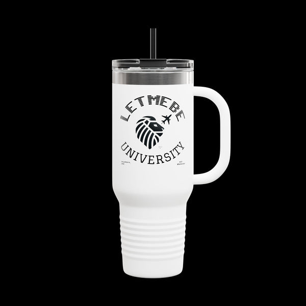 Letmebe University Collection, Insulated Mug, 40oz Travel Cup, JetLion Quote QR Code Design, Quiet Legends