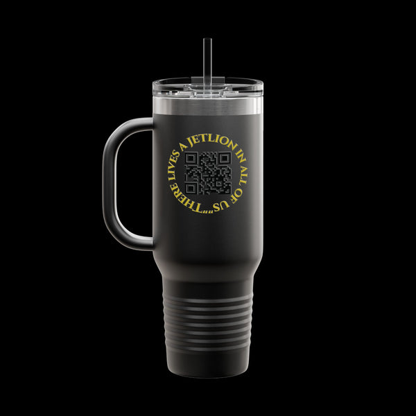 Letmebe University Collection, Insulated Mug, 40oz Travel Cup, JetLion Quote QR Code Design, Quiet Legends