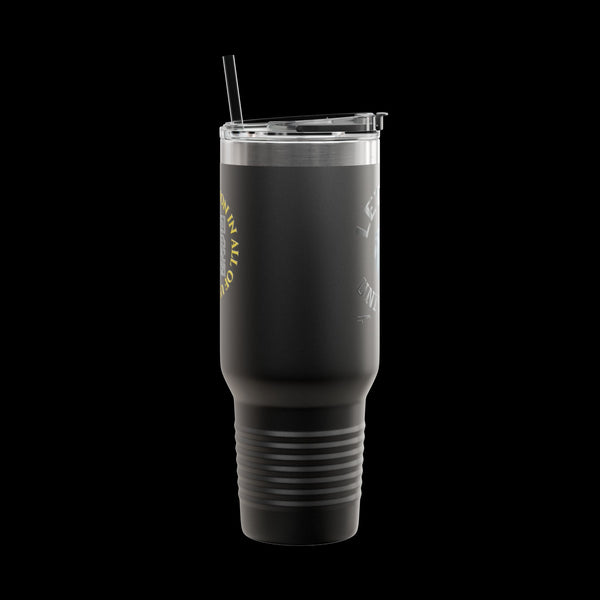 Letmebe University Collection, Insulated Mug, 40oz Travel Cup, JetLion Quote QR Code Design, Quiet Legends
