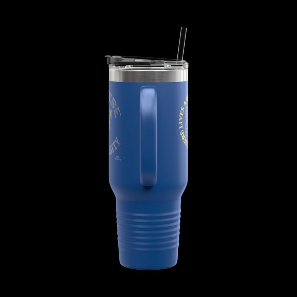 Letmebe University Collection, Insulated Mug, 40oz Travel Cup, JetLion Quote QR Code Design, Quiet Legends
