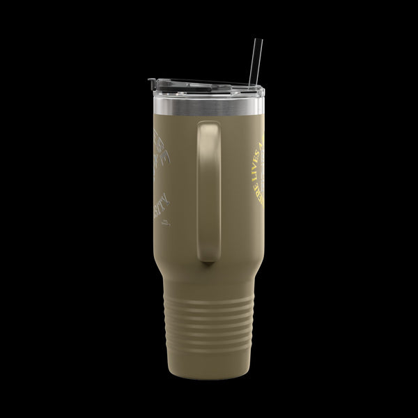 Letmebe University Collection, Insulated Mug, 40oz Travel Cup, JetLion Quote QR Code Design, Quiet Legends