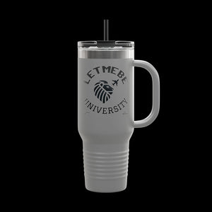Letmebe University Collection, Insulated Mug, 40oz Travel Cup, JetLion Quote QR Code Design, Quiet Legends